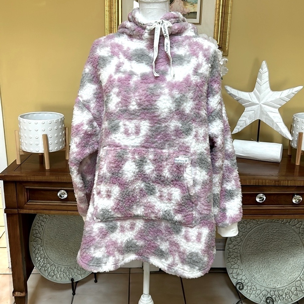 Hurley Fleece Camo Kangaroo Pocket Pink White Grey Pullover Boyfriend Hoodie Lrg - Picture 2 of 16